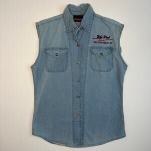 Vintage Y2K Sleeveless Denim Button Front Shirt -Bike Week 2007